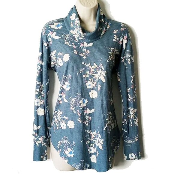 LuLaRoe Aubrey Cowl Neck Ribbed Knit Top S/M Button Cuffs Blue Floral - Picture 1 of 5